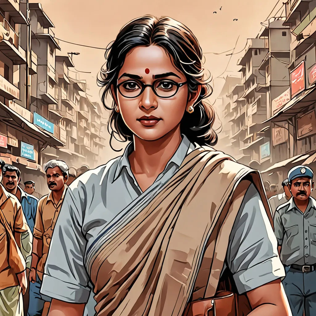 a woman in a sari and glasses walking down a street with other people in the background and a man in a blue shirt, serial art, poster art, Ella Guru, graphic novel