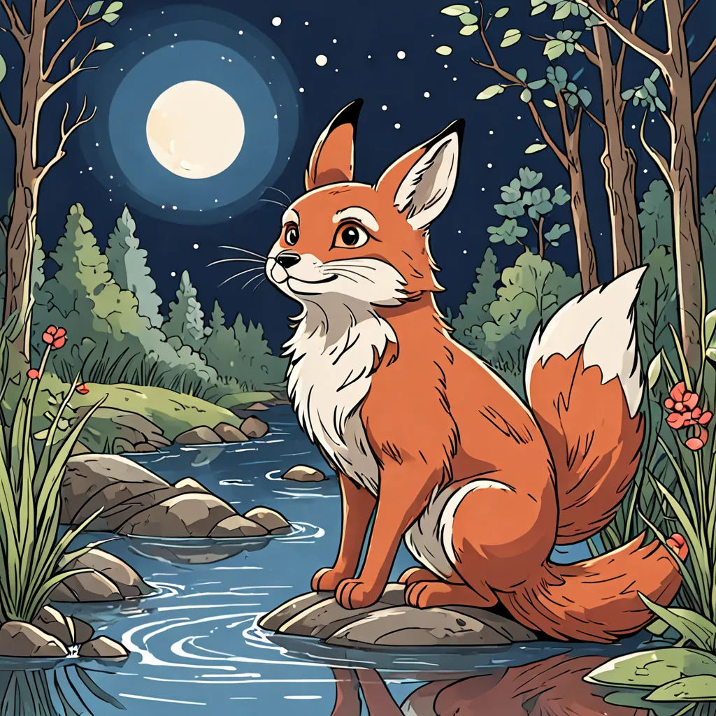a fox sitting on a rock in the woods at night with a full moon in the background and a stream running through it, fantasy art, a storybook illustration, Caspar Wolf, storybook illustration