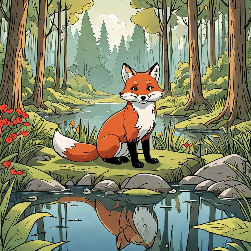 a fox sitting on a rock in a forest next to a pond of water and flowers with a reflection in the water, furry art, a storybook illustration, Dan Mumford, official art