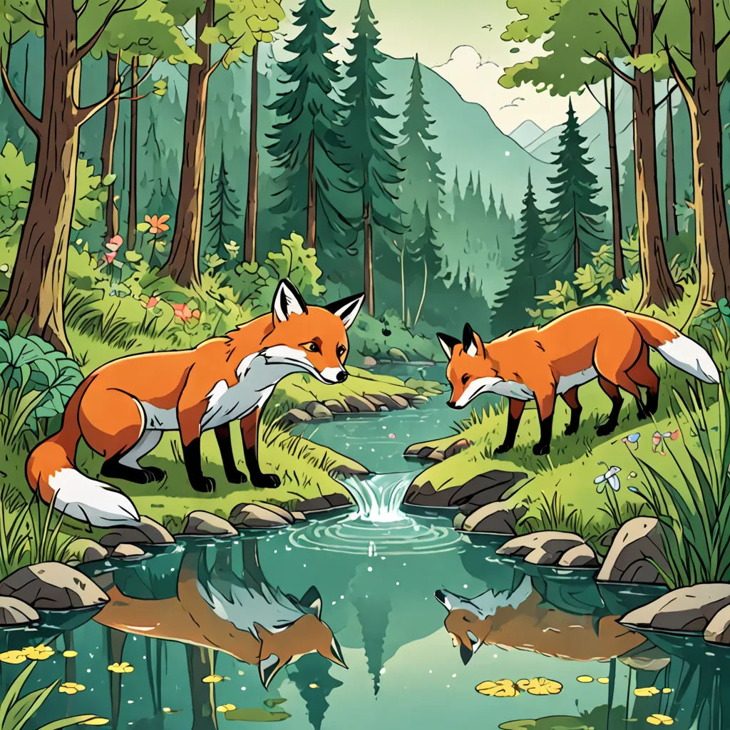 a painting of two foxes in a forest by a stream of water with a forest background and a pond, environmental art, a storybook illustration, Dan Mumford, 2 d game art