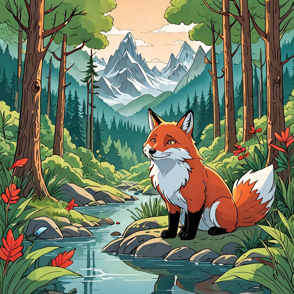 a fox sitting on a rock in a forest with a stream running through it and mountains in the background, furry art, a storybook illustration, Dan Mumford, josan gonzales and dan mumford