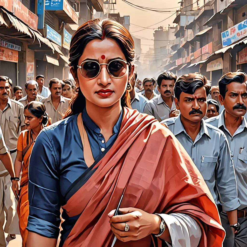 a woman in a sari and sunglasses walking down a street with a group of people behind her in the background, bengal school of art, a detailed painting, Ella Guru, oil on canvas. cinematic