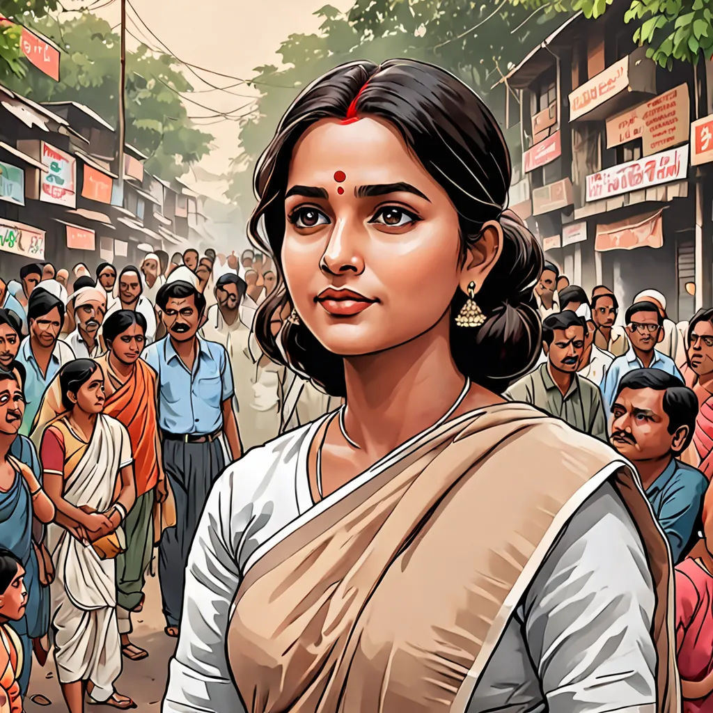 a woman in a sari standing in front of a crowd of people in india, with a man in the background, bengal school of art, a comic book panel, Ella Guru, graphic novel