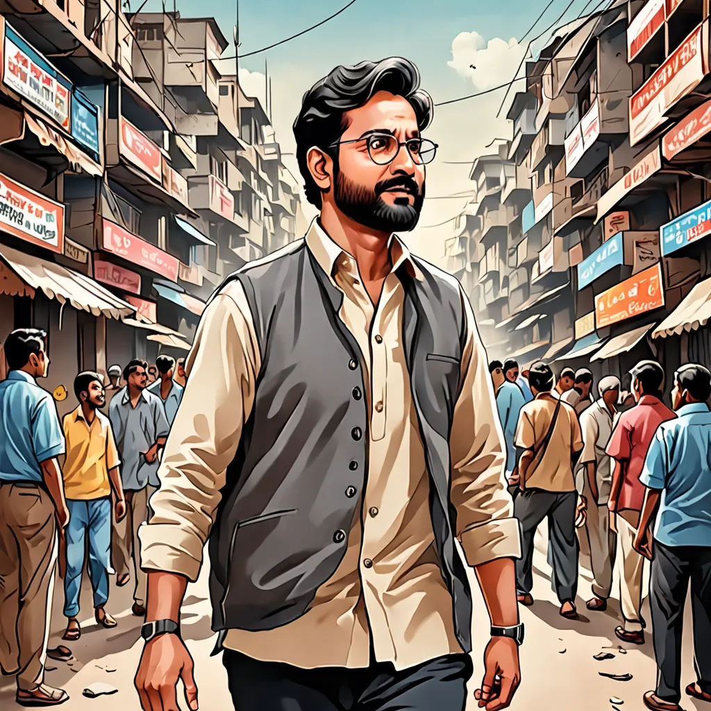 a man walking down a street in front of a crowd of people in a city with buildings and signs, samikshavad, poster art, Bikash Bhattacharjee, promotional image