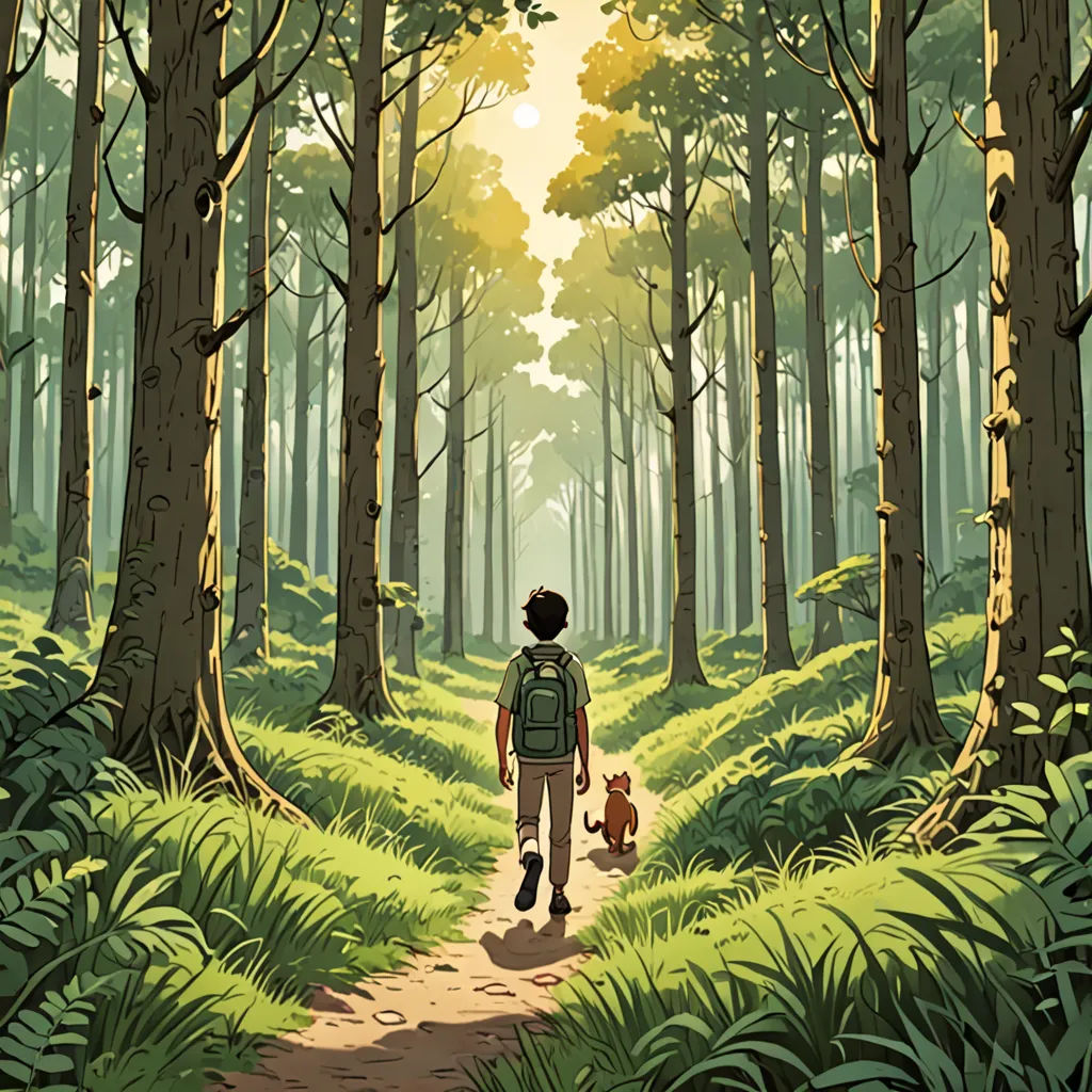 a man walking through a forest with a dog on a leash on a path between tall trees and grass, environmental art, poster art, Asaf Hanuka, ghibli