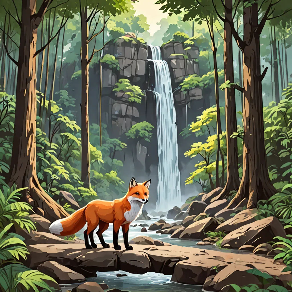 a fox standing on a rock in front of a waterfall in a forest with rocks and trees around it, environmental art, a storybook illustration, Chris LaBrooy, game art