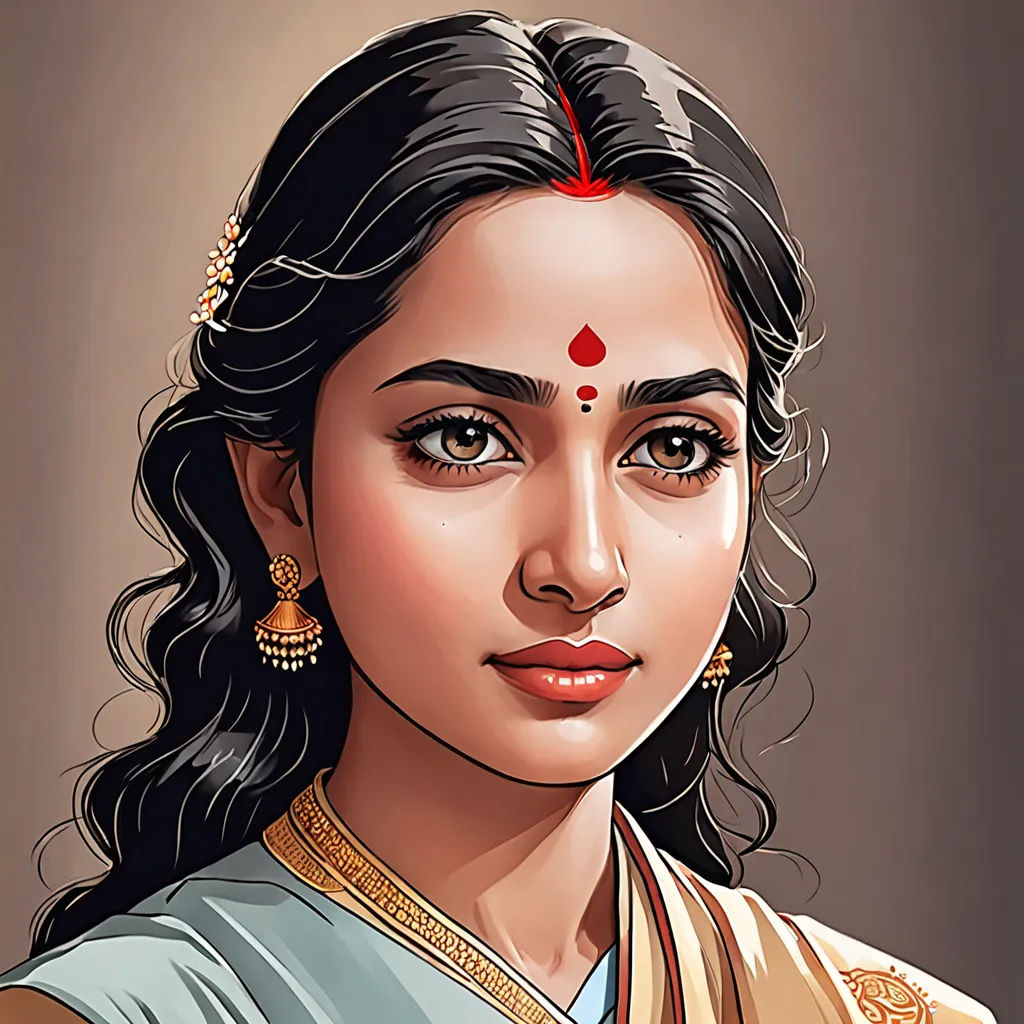 a woman with a red nose ring and a white sari on her head and a brown background with a red dot, samikshavad, a detailed painting, Ella Guru, detailed portrait