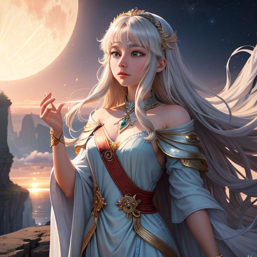 a woman in a white dress holding a wand in her hand and a full moon in the background with a castle in the distance