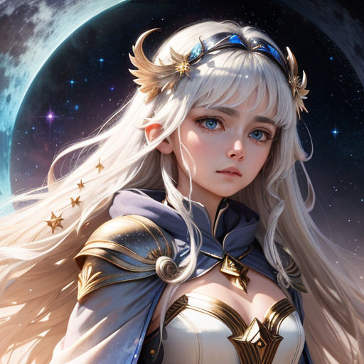 a woman with long white hair and a blue dress standing in front of a moon and stars background with a crescent