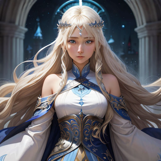 a woman in a white dress with long blonde hair and a sword in her hand, standing in front of a doorway