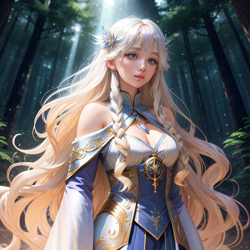 a woman in a blue dress standing in the woods with long blonde hair and a sword in her hand