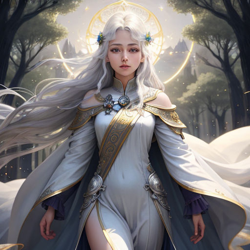 a woman in a white dress with a white hair and a white cloak on her shoulders and a white dress with a blue ribbon around her neck