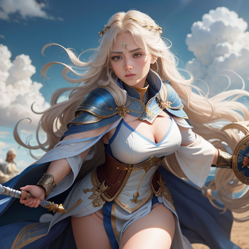 a woman dressed in a costume with a sword and shield in her hand, standing on a beach with a sky background