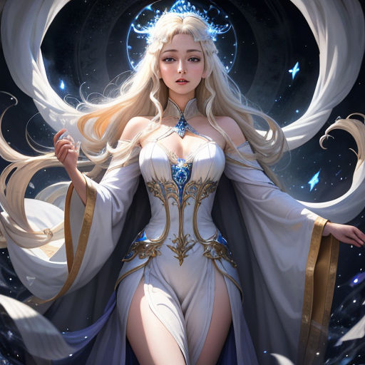 a woman in a white dress with a blue crown and wings on her head and a white cloak over her shoulders