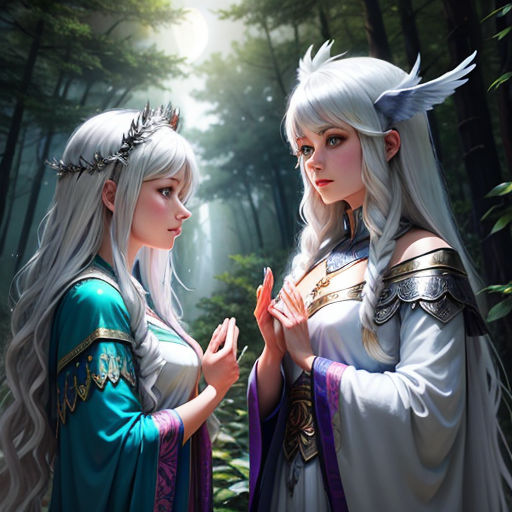 two women dressed in white and blue standing in the woods together, one of them is holding her hands