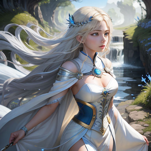 a woman in a white dress with a sword and a waterfall in the background, with a waterfall in the background