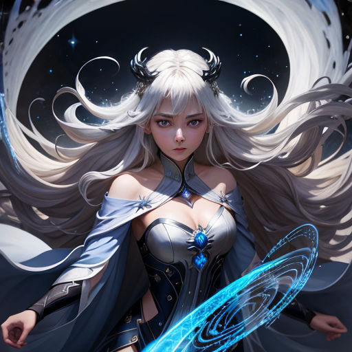 a woman with long white hair and a sword in her hand, with a blue light shining on her chest