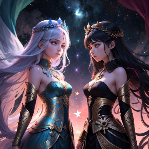 two women in costumes standing next to each other in front of a sky with stars and a moon in the background