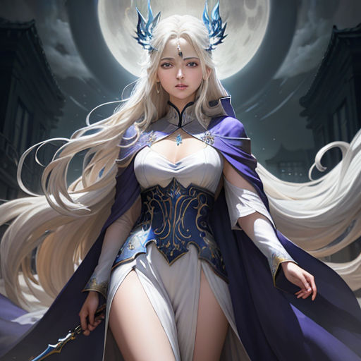 a woman dressed in a costume with a sword and a sword in her hand, standing in front of a full moon