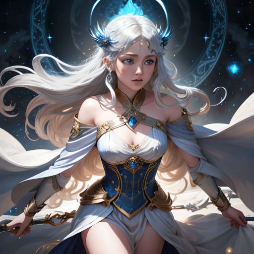 a woman dressed in a white outfit with a blue halo and wings on her head and a sword in her hand