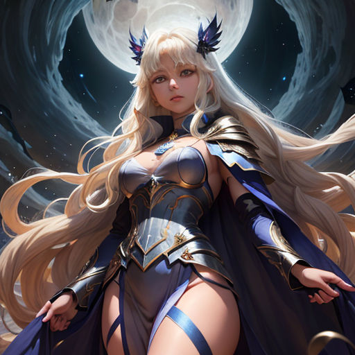 a woman in a costume with a sword and a moon in the background with a full moon behind her