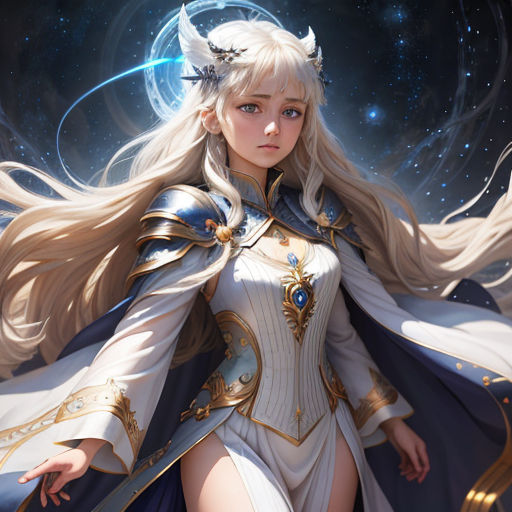a woman dressed in a white outfit with a blue cape and horns on her head and a sword in her hand