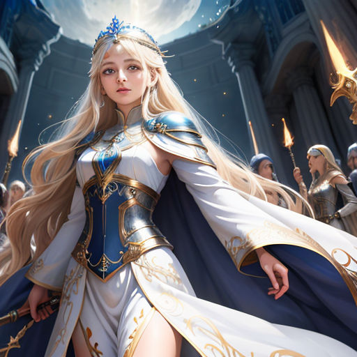 a woman in a white and blue dress with a sword in her hand and a group of people in the background