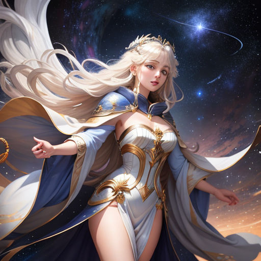 a woman in a white and blue outfit with a sword and a star in the background with a sky full of stars