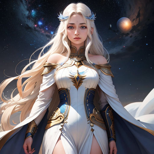 a woman in a white dress with long blonde hair and a blue cape on her shoulders and a star in the background