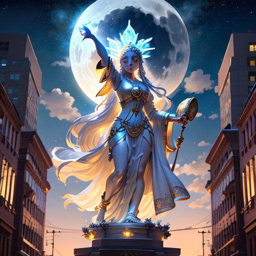 a statue of a woman holding a sword and a shield in front of a full moon sky with buildings