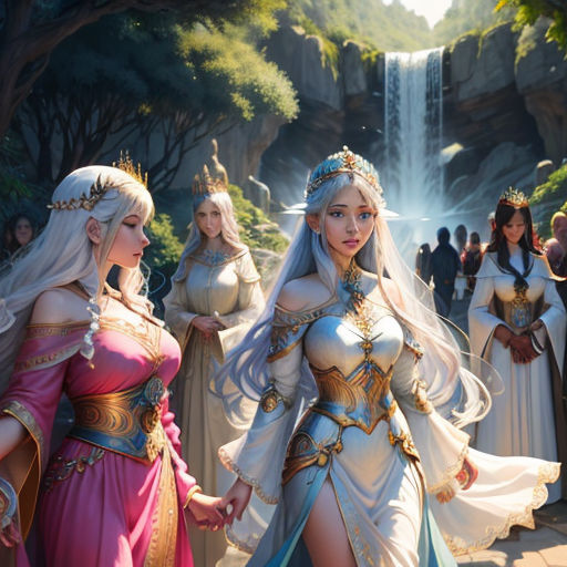 a group of women dressed in medieval costumes standing next to each other in front of a waterfall and waterfall