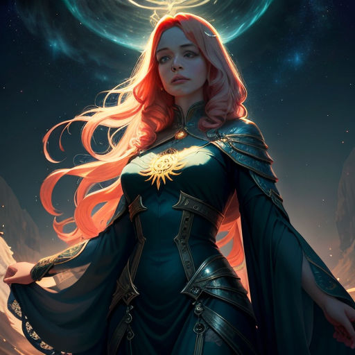 a woman in a blue dress with a star on her chest and a halo above her head, standing in front of a sky with stars