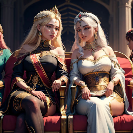 a group of women sitting on top of a red couch next to each other in costume and accessories,