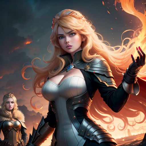 a woman in a costume standing next to a woman in a costume with a sword and a flame in the background