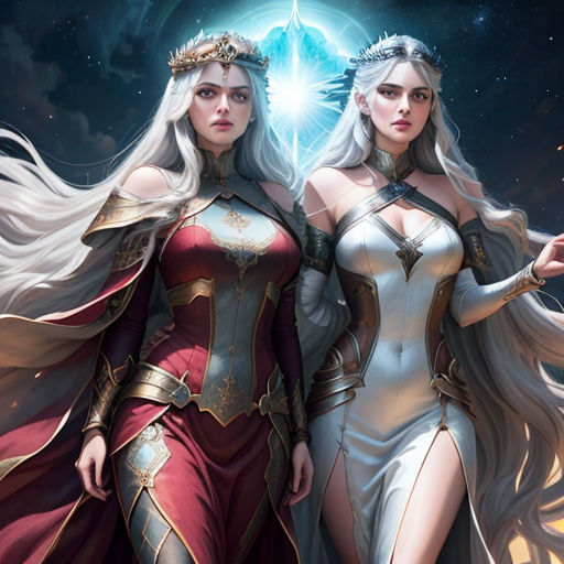 two women dressed in white and red standing next to each other in front of a star filled sky with stars