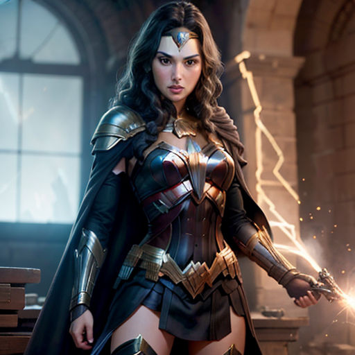 a woman dressed in a costume and holding a sword in a room with a window and a light shining