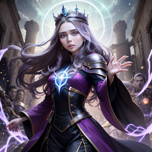 a woman in a purple dress with a crown on her head and a purple robe on her shoulders, holding a glowing ball
