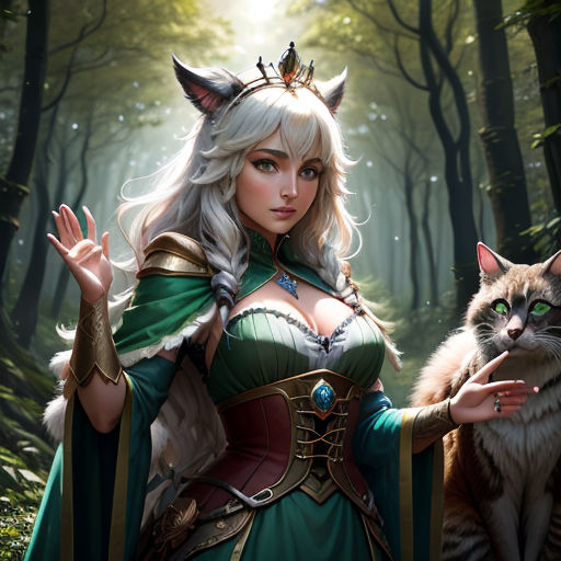 a woman in a green dress holding a cat in a forest with trees and a light shining through the trees