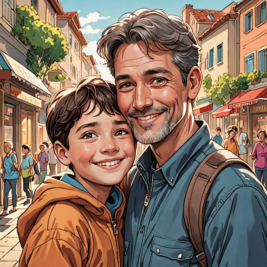 a man and a boy are smiling for a picture in a street with people walking around them and a crowd of people walking around, photorealism, a storybook illustration, Diego Gisbert Llorens, graphic novel