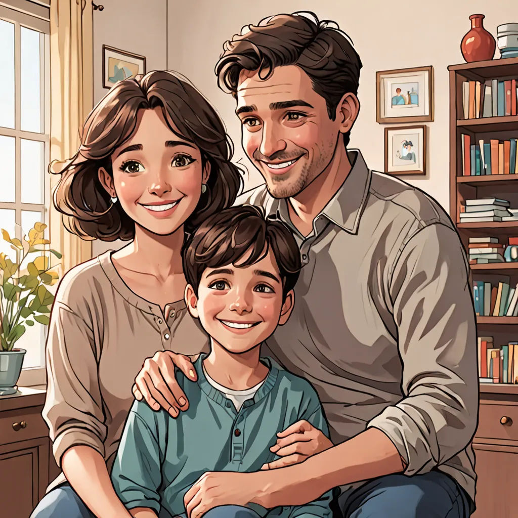 a man and woman sitting next to a boy on a couch in a living room with a bookcase, american scene painting, a comic book panel, Diego Gisbert Llorens, official art