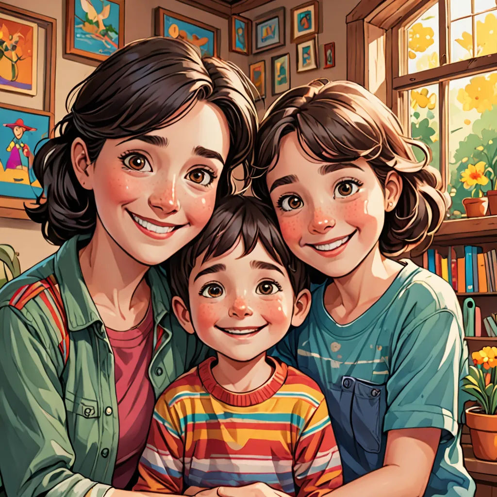 a woman and two children are sitting together in a room with pictures on the wall and a window behind them, lyco art, a storybook illustration, Artgerm, rossdraws global illumination