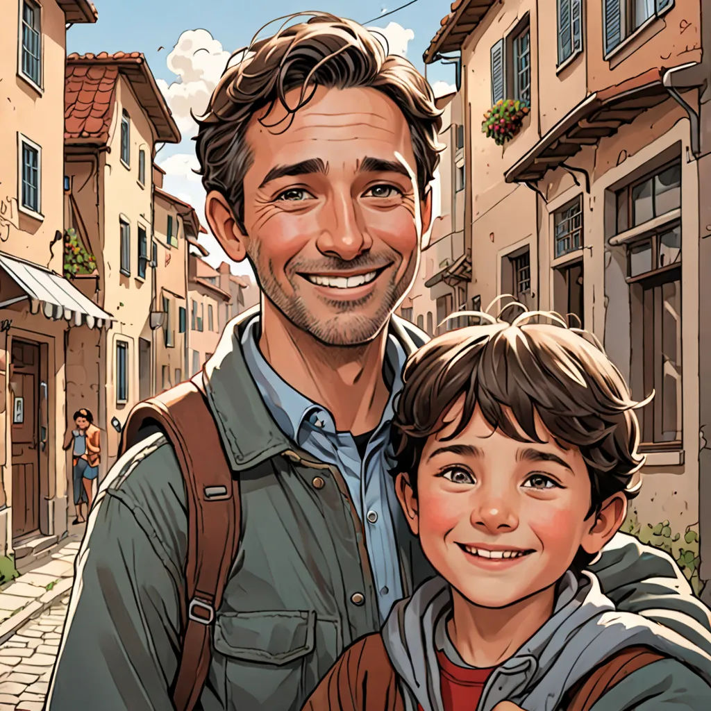 a man and a boy are standing in a street with buildings and a cobblestone road in the background, photorealism, a comic book panel, Asaf Hanuka, high detail illustration
