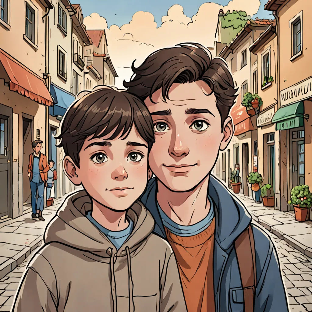 a man and a boy are standing in front of a building on a street corner with a woman looking at the camera, serial art, a comic book panel, Diego Gisbert Llorens, comic cover art