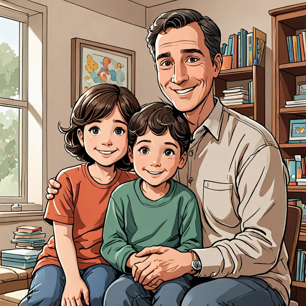 a man and two children sitting on a couch in a room with bookshelves and a window in the background, american scene painting, a storybook illustration, Diego Gisbert Llorens, storybook illustration