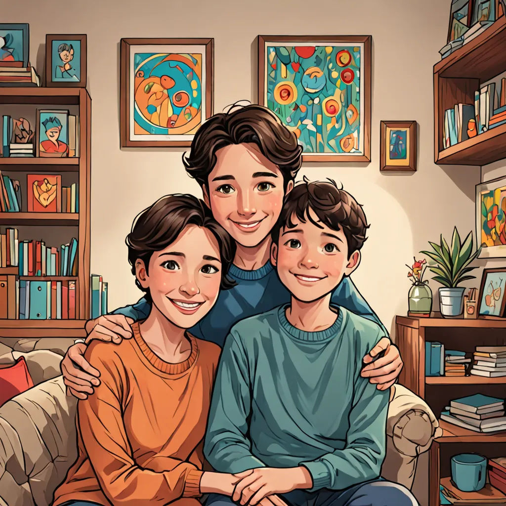 a family is sitting on a couch in a living room with bookshelves and paintings on the wall, lyco art, a comic book panel, Diego Gisbert Llorens, comic cover art