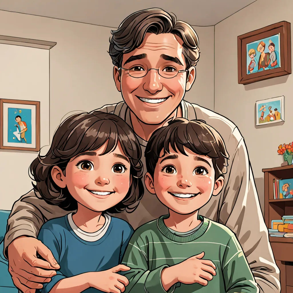 a man and two children are smiling for a picture in a living room with a blue couch and a picture on the wall, process art, a comic book panel, Diego Gisbert Llorens, comic cover art