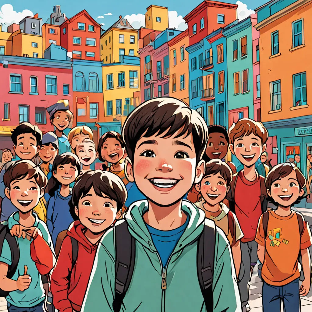 a cartoon of a boy standing in front of a group of children in a city street with buildings in the background, paris school, a storybook illustration, Asaf Hanuka, comic cover art