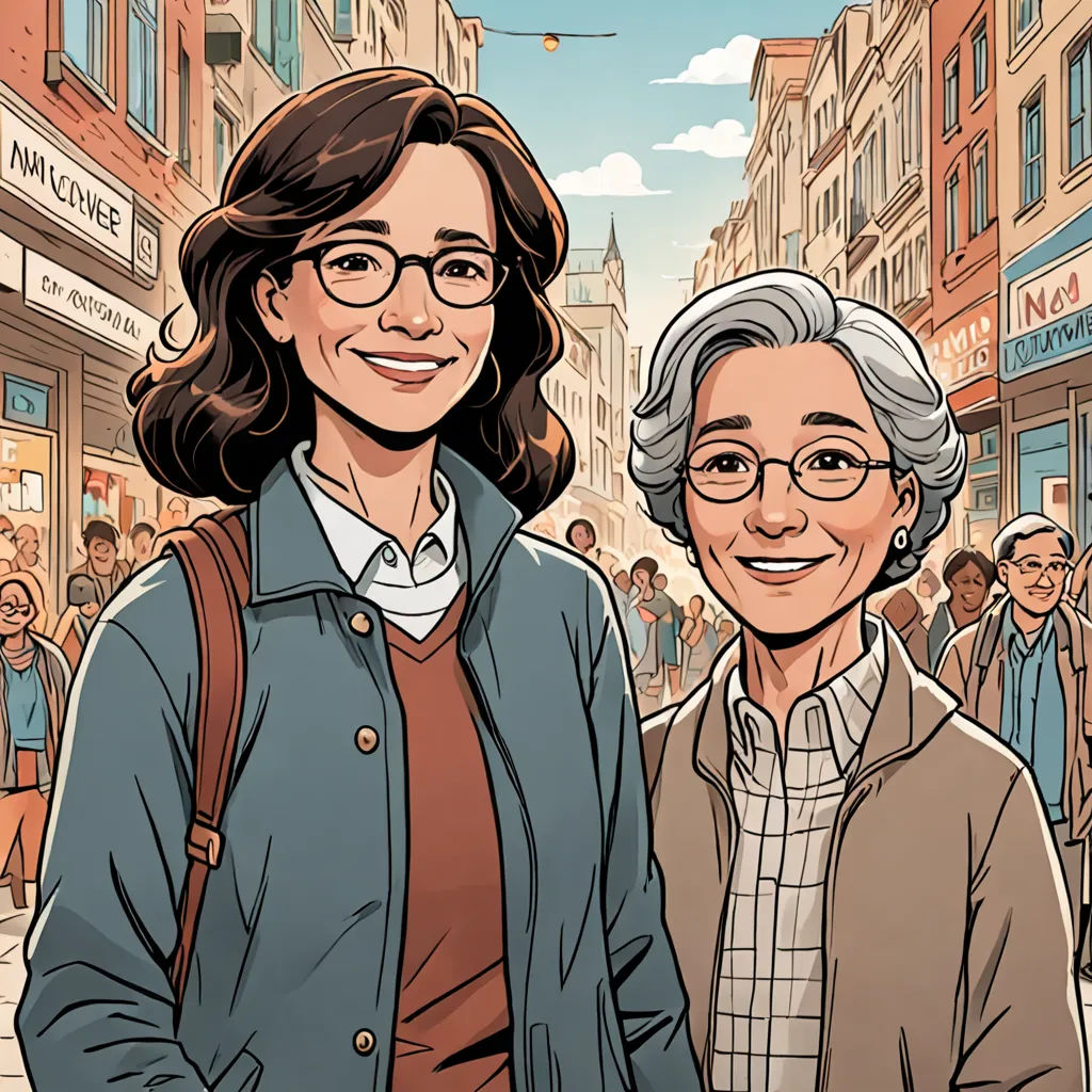 a woman standing next to a man in a city street with a crowd of people behind her on a sunny day, les automatistes, a comic book panel, Asaf Hanuka, graphic novel