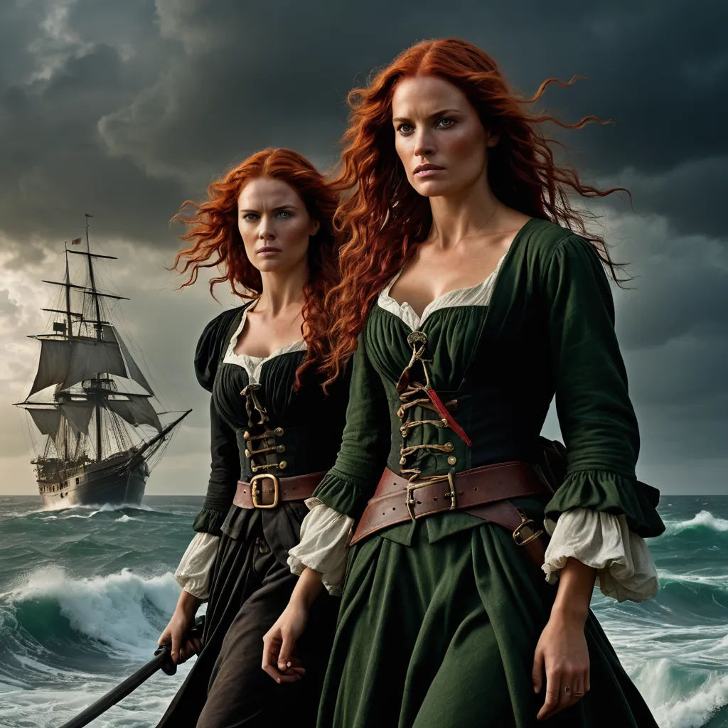 two women in green dresses standing on a boat in the ocean with a pirate ship in the background and a stormy sky, serial art, a detailed matte painting, Annie Leibovitz, promotional image