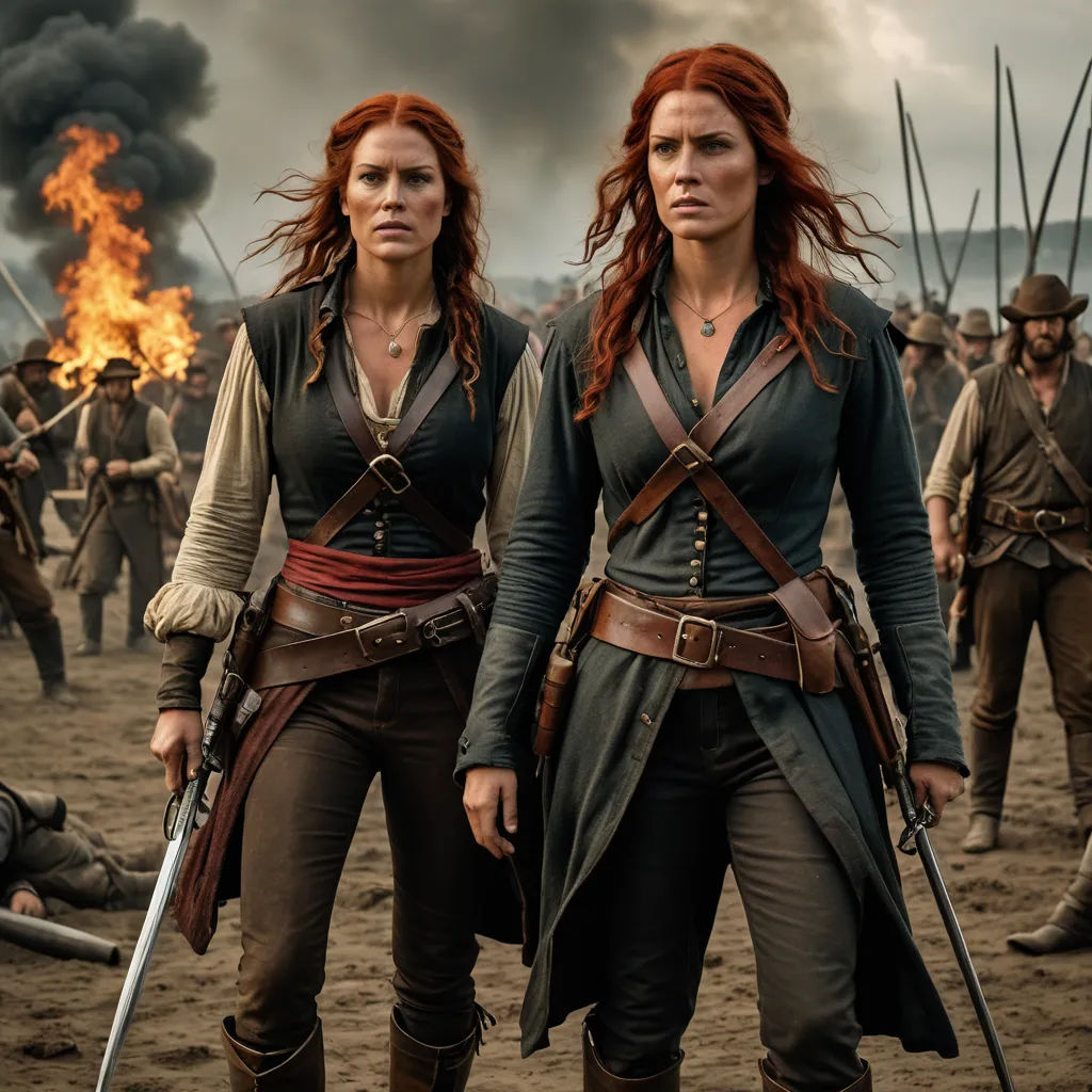 two women in costume standing next to each other in a field with a fire in the background and smoke billowing from the sky, antipodeans, a poster, Anna Maria Barbara Abesch, promotional image